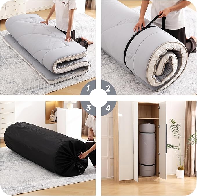 Welnow Japanese Futon Floor Mattress, Thick Queen Size Tatami Mat Portable & Foldable Roll Up Floor Bed Mattress with Storage Bag, Sleeping Pad for Adults, Dorm, Guest Bed, Camping and Travel, Grey