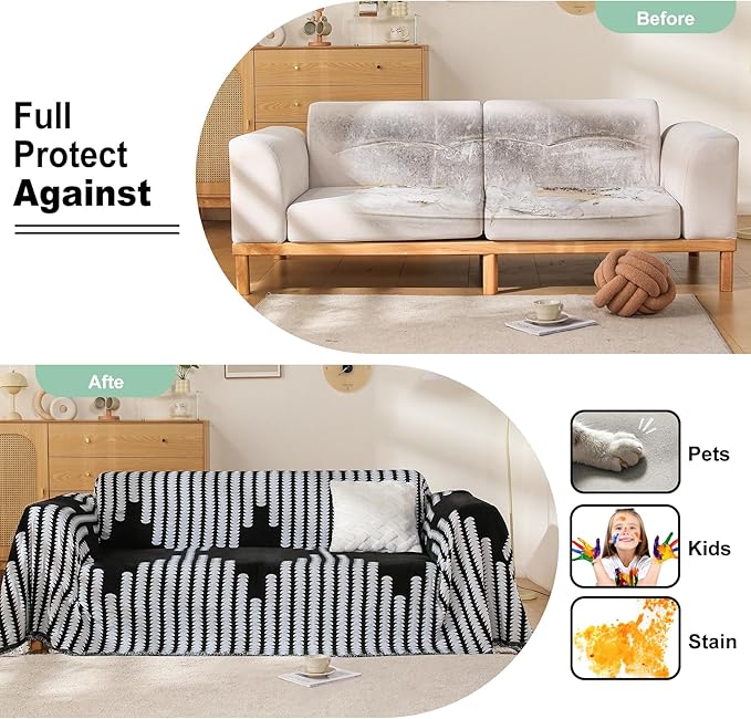 Boho Couch Cover, Sofa Cover, Sofa Covers for 2 Cushion Couch, Washable Sectional Couch Covers for Dogs Pet Furniture Protector Couch Cover Blanket for Living Room (2# Black, 71" x 118")