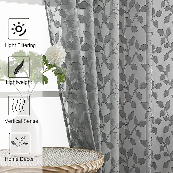 Chyhomenyc Charcoal Grey Sheer Curtains 36 Inch Length, Light Filtering Leaf - Image 3