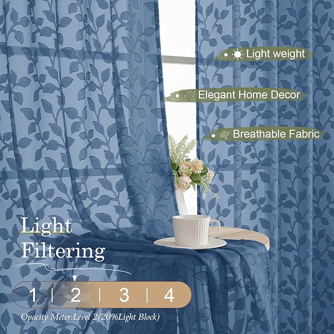 Chyhomenyc Dusty Blue Sheer Curtains 96 Inch Length 2 Panels Set, Light - Image 2