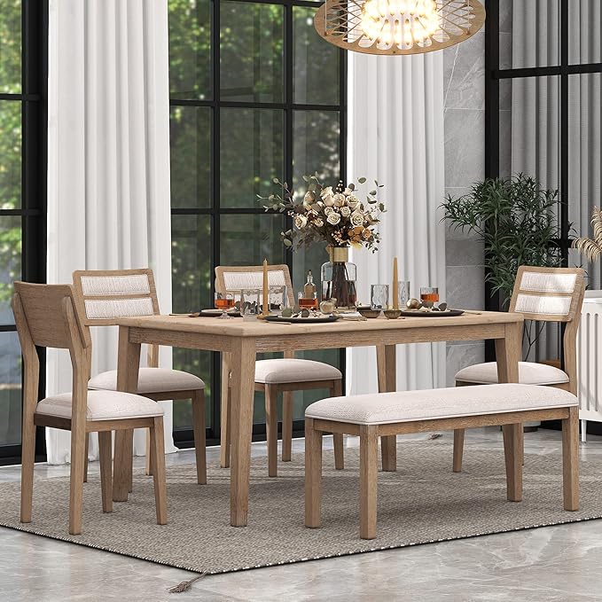 Ball & Cast 6 Piece Dining Table Set with 4 Upholstered Chairs & 1 Bench,Wooden Living Room Furniture W/ 60" Rectangle Kitchen Desk,for Restaurant,Home Bistro,Natural Wood Wash