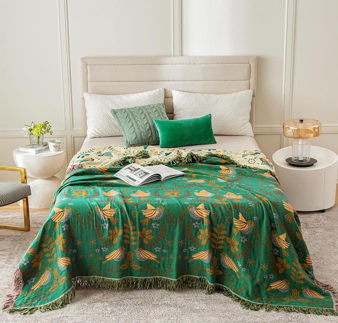 MSGKV Boho Throw Blanket 100% Cotton Green Blanket 90''x 98'' Spring Reversible - Image 4