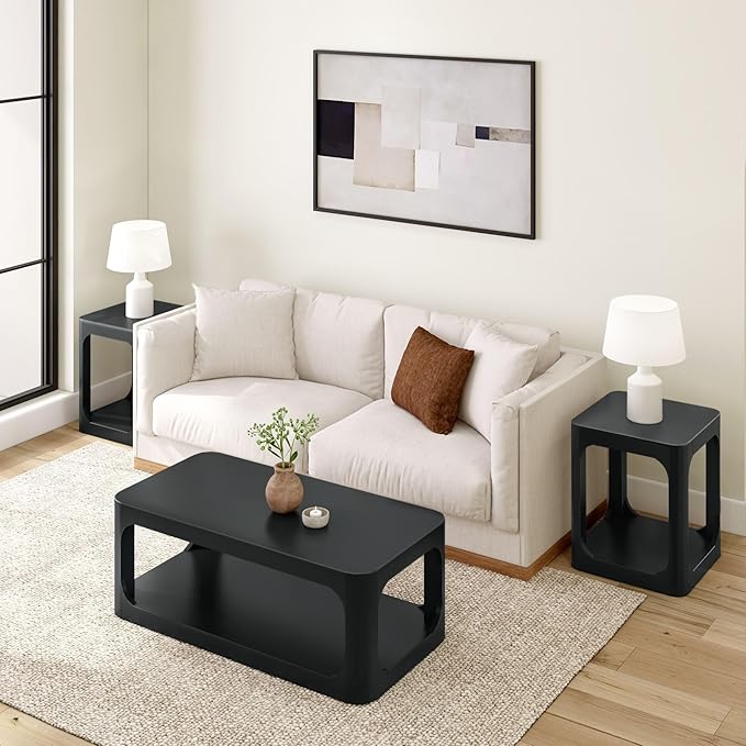 Plank+Beam Forma Coffee Table, Solid Wood 48 Inch Modern Coffee Table with Shelf, Contemporary Center Table with Storage Space, Rectangle Tea Table with Storage, Black