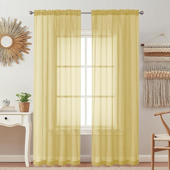 OVZME 2 Pack: Basic Mustard Yellow Sheer Curtain 84 Inches Long by OVZME