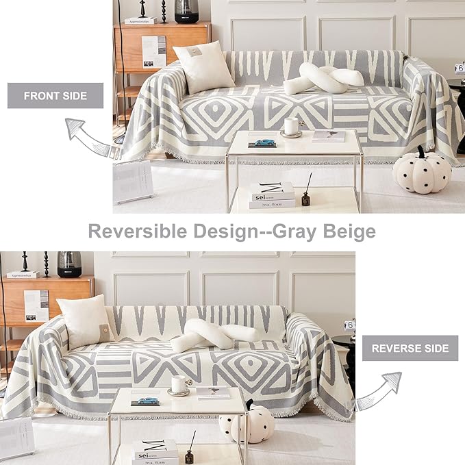 STACYPIK Boho Geometric Couch Cover for Dogs, Soft Chenille Gray Sofa Cover for 2 Cushion Couch, Non-Silp Loveseat Cover for Sectional, Washable Anti-Scratch Pet Furniture Protector Decor-71X118IN