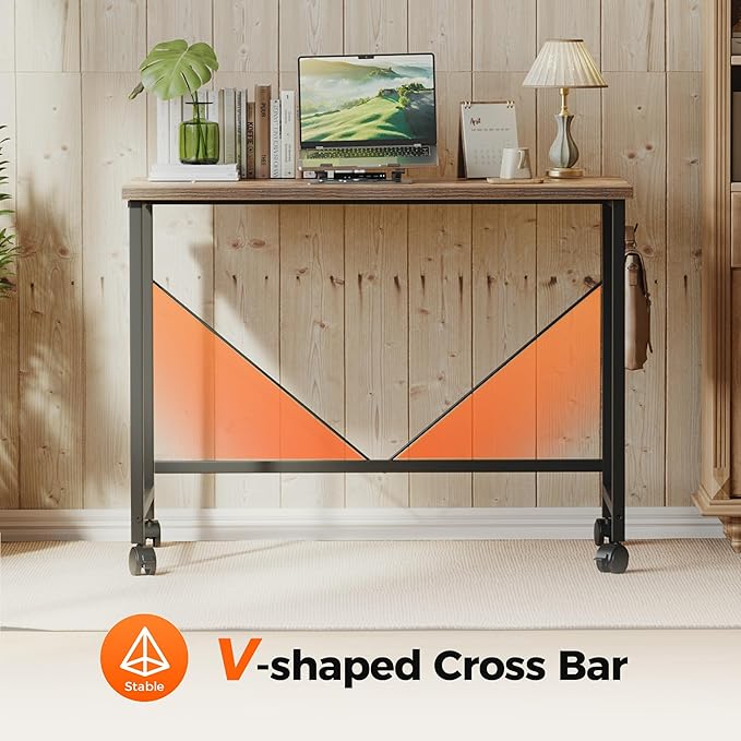 Rolling Computer Desk with Wheels, Gaming Desk for Small Spaces, Modern Simple Style Table for Home Office, Study Writing Table (Caster, Rustic Brown, 40 inch)