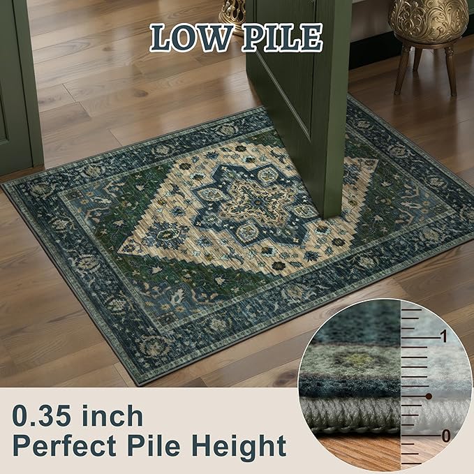Tangsoo Washable Runner Rug, 2x6 Runner Rugs for Hallways, Non Slip Vintage Rug, Soft Low Pile Long Print Distressed Carpet Runners for Kitchen Bedroom Entryway Bathroom Living Room Green