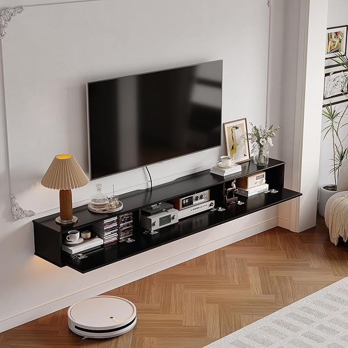 Retro Floating TV Console with 3 Doors,55'' High Gloss Floating TV Stand,Wall Mounted TV Cabinet,Contemporary Floating Media Console for Under TV Storage,Living Room,Bedroom(Black)