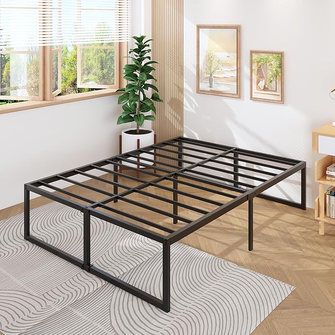 18 Inch Queen Bed Frame Heavy Duty Steel Slat Support Metal Queen Size Platform Bed Frame No Box Spring Needed, Easy Assembly, Black