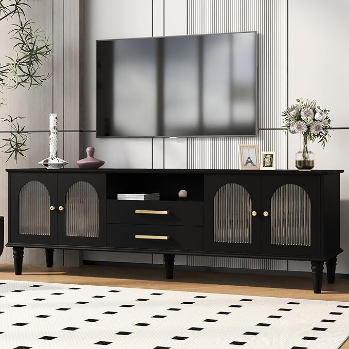 Merax 68.9'' TV Stand for TVs up to 75 Inches, Entertainment Center Media Console Table with Storage Cabinet, Fluted Glass Doors, Wood Legs for Living Room