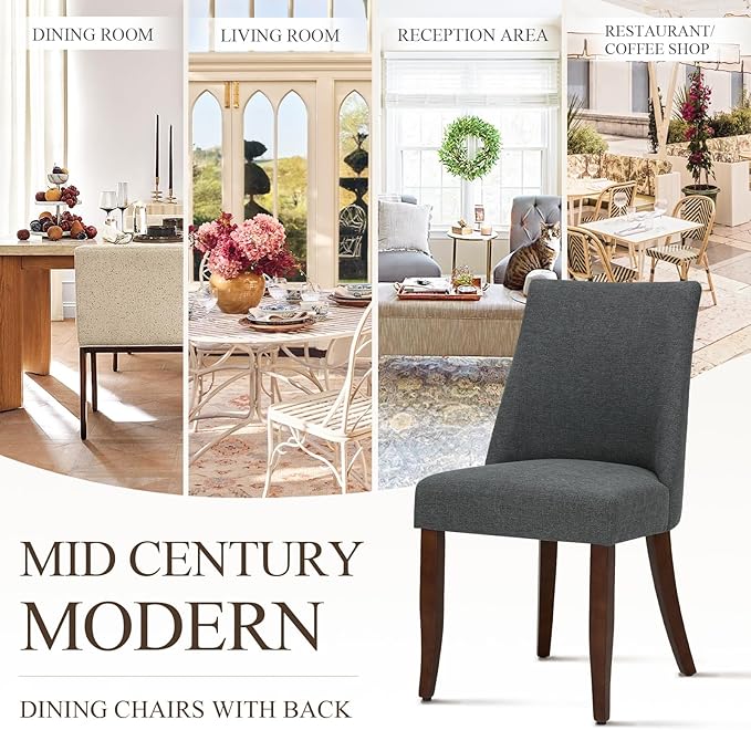 COLAMY Upholstered Dining Chairs Set of 4, Mid Century Modern Kitchen Chairs with Back, Farmhouse Fabric Side Dining Room Chairs with Wood Legs for Dining Room Restaurant, Dark Grey