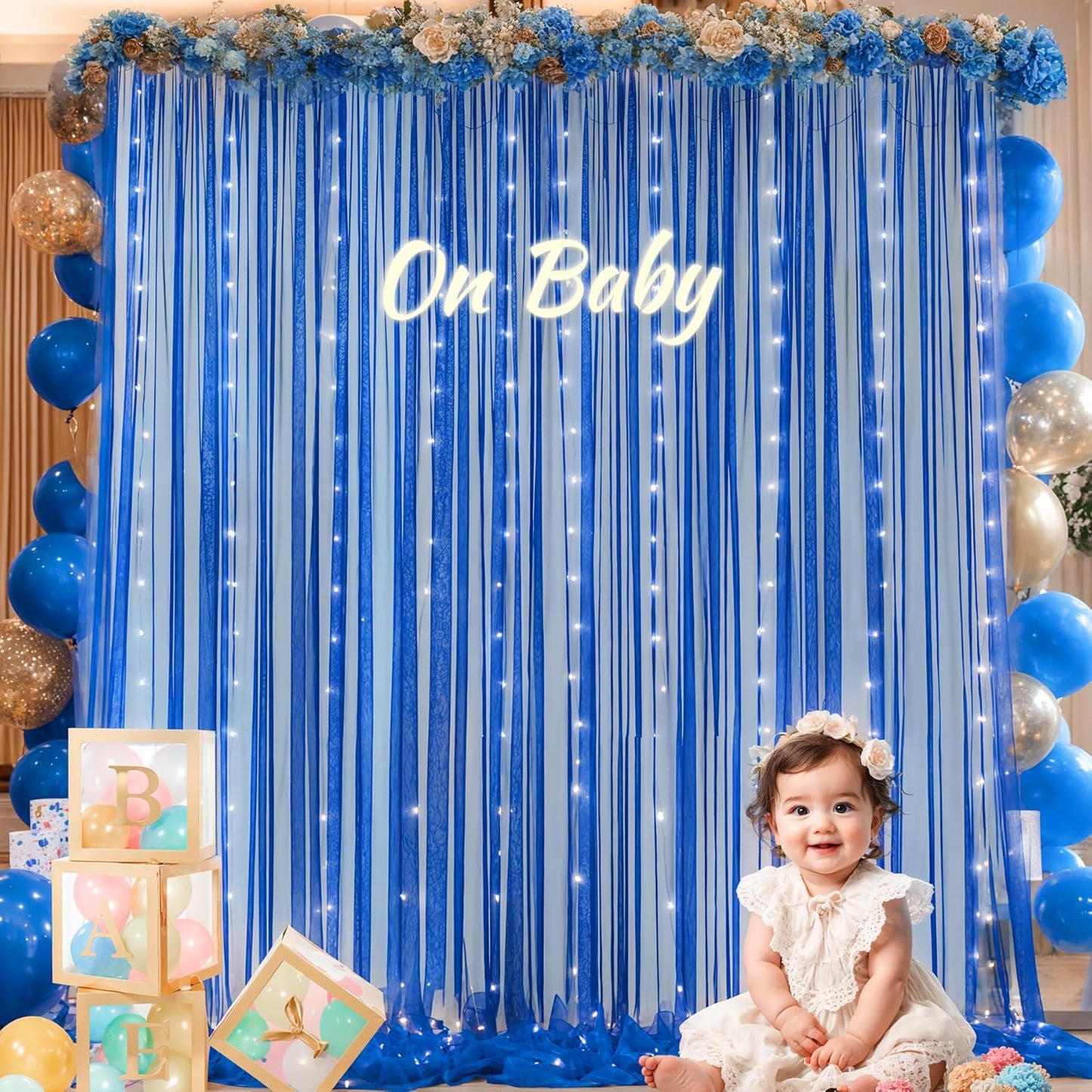 Royal Blue Backdrop Curtains with Lights String for Wedding Parties Sheer Tulle Backdrop Curtain Panels for Bridal Shower Baby Shower Birthday Photo Shoot Background Decorations 2 Panels 10×10ft