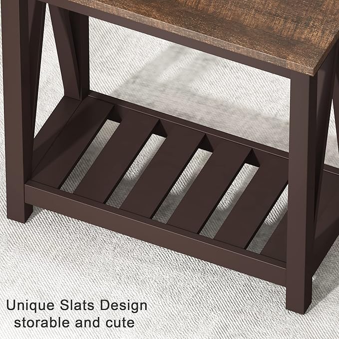 ChooChoo Farmhouse End Table, Rustic Vintage Narrow End Side Table with Storage Shelf for Small Spaces, Nightstand Sofa Table for Living Room, Bedroom Espresso 2 Pack