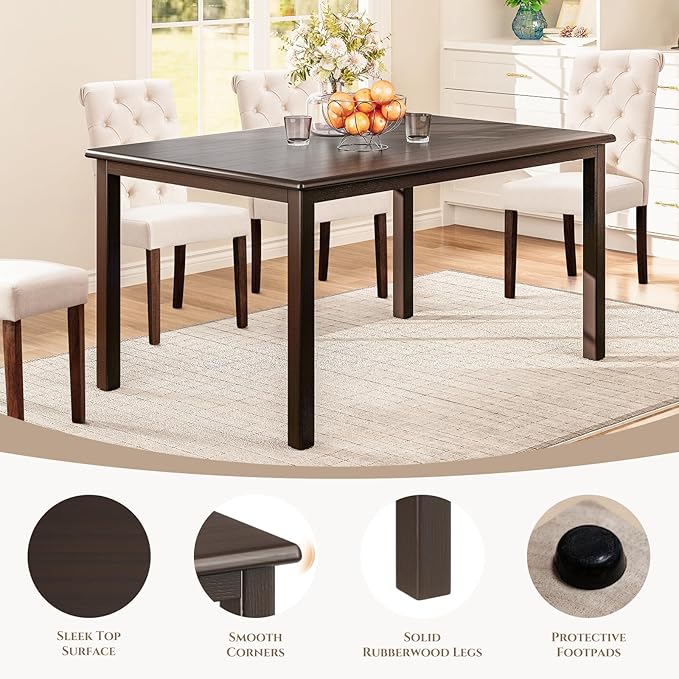 COLAMY 60 Inch Rectangular Kitchen Dining Table for 4, Modern Farmhouse Dining Table Set for 4, Wood Dining Table and Upholstered Dining Chairs for Kitchen, Dining Room, Restaurant, Brown/Camel