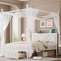 Full Upholstered Canopy Bed Frame with 2 Drawers & Crystal Tufted Storage Headboard Metal Platform Bed with Charging Station & 4 Removable Posts No Box Spring Needed Curtain Not Included, Beige