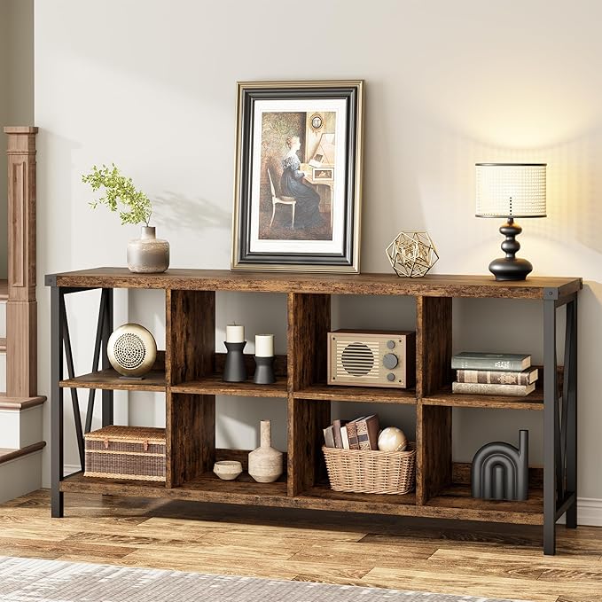 GarveeHome 8 Cube Storage Organizer Bookshelf, 3 Tier Metal Horizontal Bookcase, 62 Inch Console Bookshelf, Industrial Storage Bookcase for Entryway, Long Low Bookshelves for Living Room-Retro Brown