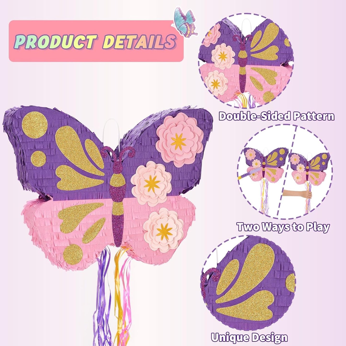 WERNNSAI Butterfly Piñata - Butterfly Birthday Party Supplies Pinata with Stick and Blindfold for Girls Kids Pull String Piñata Family Games Classroom Birthday Party Decorations 16.4” x 12.4”