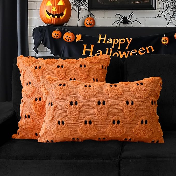 4TH Emotion Halloween Ghost Decorative Pillow Covers 20x20 Set of 2, Orange Soft Plush Faux Fur Farmhouse Throw Cushion Cases for Fall Autumn Holiday Home Decorations