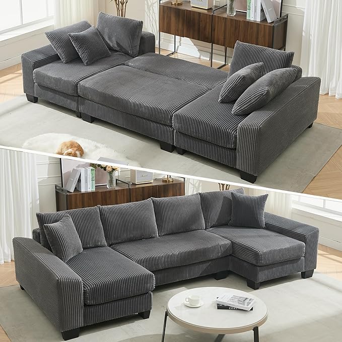Symmetrical U Shaped Sectional Sofa Convertible Pull Out Sleeper Sofabed with Double Chaise Daybed , Corduroy Upholstered U Shaped Lounge Sofa Couch Bed w/ Throw Pillows for Living Room Apartment