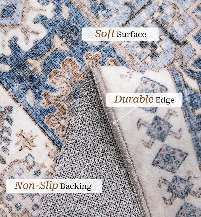 zesthome 6x9 Area Rug, Super Soft Washable Rugs for Living Room, Non-Slip Stain Resistant Vintage Rugs, Ultra-Thin Large Area Rugs (Blue/Beige,6'x9')