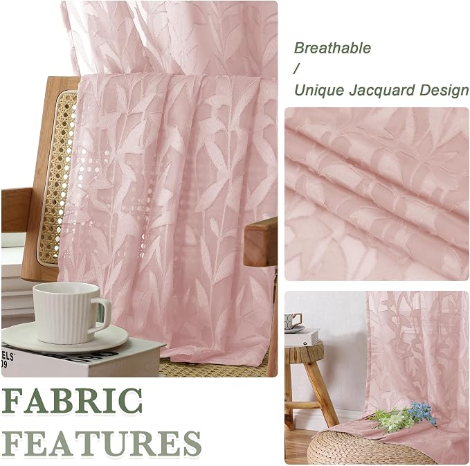 Lecloud Leia Blush Pink Sheer Curtains 72 Inches Long 2 Panels, Jacquard Leaf - Image 4