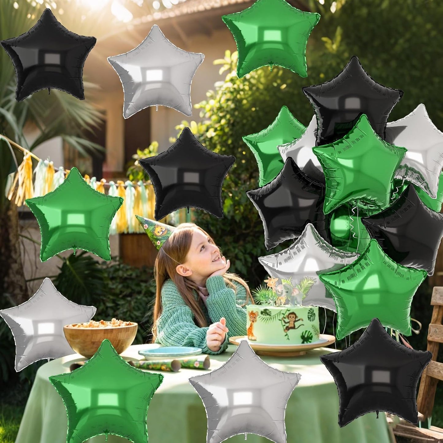 Green Black Star Balloons, 18Inch Balck Olive and Silver Stars Shape Foil Balloons Helium, 12Pcs Green Pentagram Mylar Party Decoration for Boy Men Birthday Graduation Video Games Soccer Party Supplie