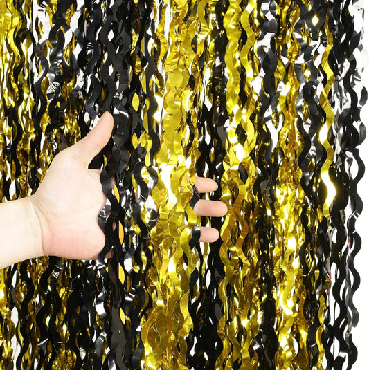 4 Pack Black and Gold Wavy Foil Fringe Curtains Pirthday Decorations,3.3 ft x 6.6 ft Metallic Foil Curtains Streamers for Party Photo Booth Props Background Decoration