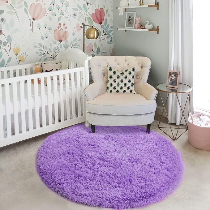 Amdrebio Purple Round Rugs 4Ft for Girls Bedroom Decor Aesthetic, Fluffy Fuzzy - Image 5