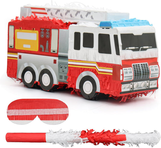 Small Fire Truck Pinatas Bundle with a Blindfold and Bat(16.1x8x5.1 Inches), Perfect for Firetruck Birthday Decorations, Boys Birthday Party Supplies