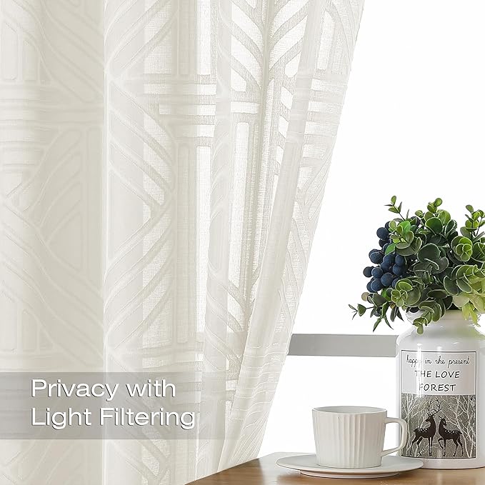 Simplebrand Ivory Semi Sheer Curtains 54 Inch Length 2 Panels, Geometric - Image 2