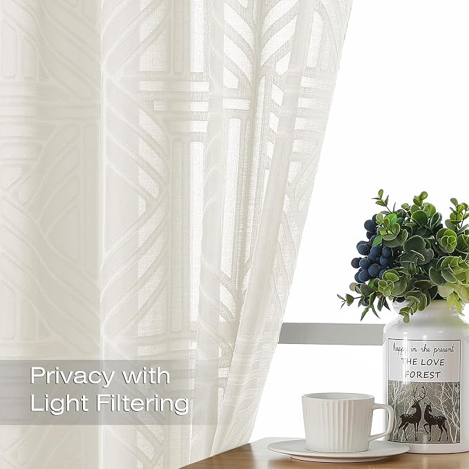 Simplebrand Semi Sheer Ivory Curtains 30 Inch Length 2 Panels, Geometric - Image 3
