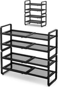 Shoe Rack - Expandable Shoe Organizer for Closet, Adjustable Metal Shoe Shelf Storage, 4 Tier Stackable Long Shoe Stand Holder for Garage, Entryway, Door Entrance, Black