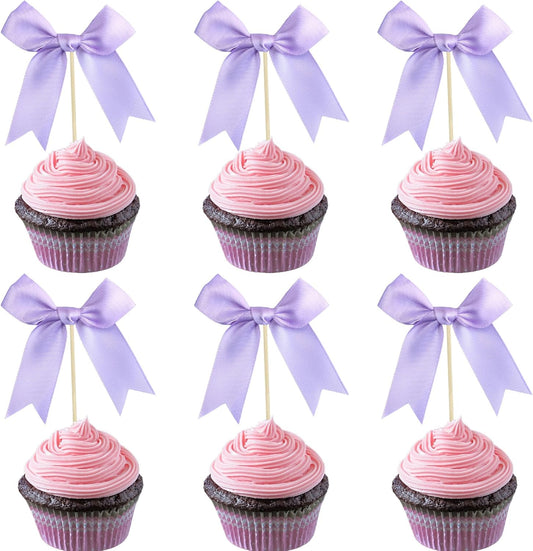 Gyufise 24Pcs Bow Cupcake Toppers Coquette Bow Girls Birthday Cake Decorations Bowknot Cake Toppers Bowknot Cupcake Picks for Baby Shower Birthday Wedding Bridal Engagement Party Supplies Purple