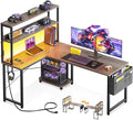 ODK 53 Inch L Shaped Desk with LED Lighting, Reversible Gaming Desk with Power Outlets, Cornor Computer Table with Storage Shelves & Bag & Iron Hook, Home Office Table for Writing, Study, Grey Oak