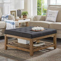 24KF Large Square Upholstered Tufted Linen Ottoman Coffee Table, Large Footrest Ottoman with Solid Wood Shelf- Charcoal