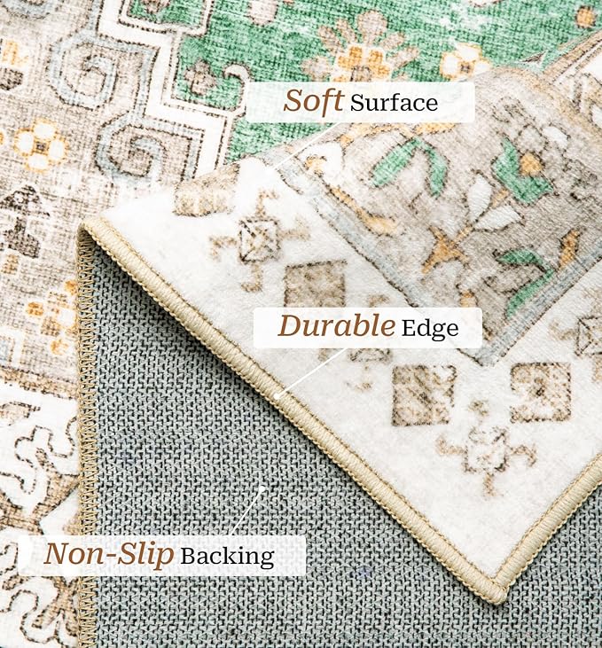 zesthome 5x7 Area Rugs - Ultra-Thin Washble Rug, Stain Resistant Anti Slip Backing Rugs for Living Room,Bedroom, Vintage Home Decor Area Rug (Green/Brown,5'x7')
