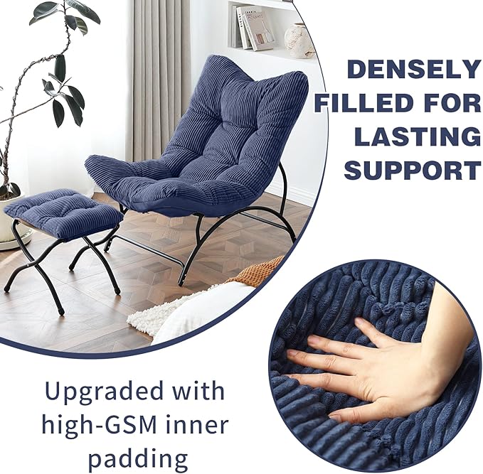 Welnow Accent Chair with Ottoman, Lounge Comfy Soft Leisure Metal Frame Reading Chair with Footrest, Upholstered Thick Cushion Seated Recliner Sofa for Living Room, Bedroom, Dorm, Navy
