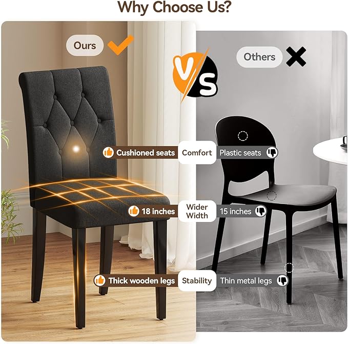 Upholstered Dining Chairs Set of 2, Button Tufted Parsons Dining Chair with Solid Wood Legs, Modern Fabric Side Chair for Dining Room/Kitchen/Restaurant/Hotel- Black