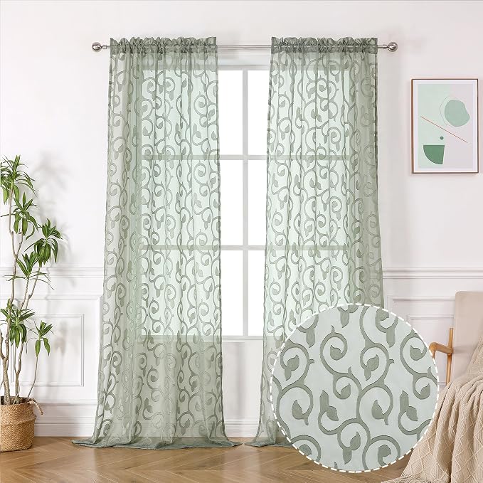 OWENIE Furman Sage Green Sheer Curtains 96 inches Extra Long - Image 3