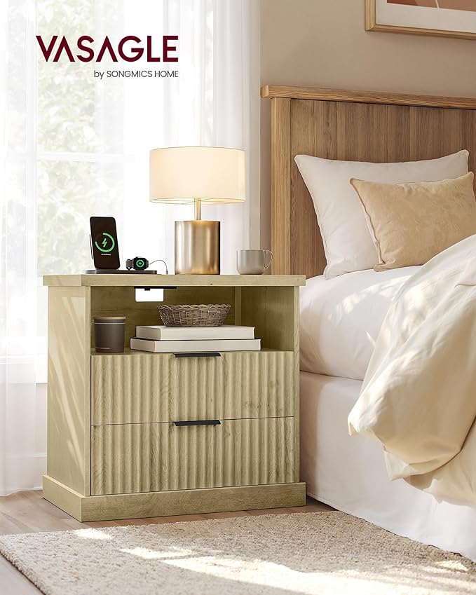 VASAGLE MAXE Collection - Nightstand with Charging Station, Bedside Table, Side End Table with 2 Drawers, Open Shelf, 2 AC Outlets, 2 USB Ports, Transitional, for Bedroom, Oak Beige ULET626Y01S
