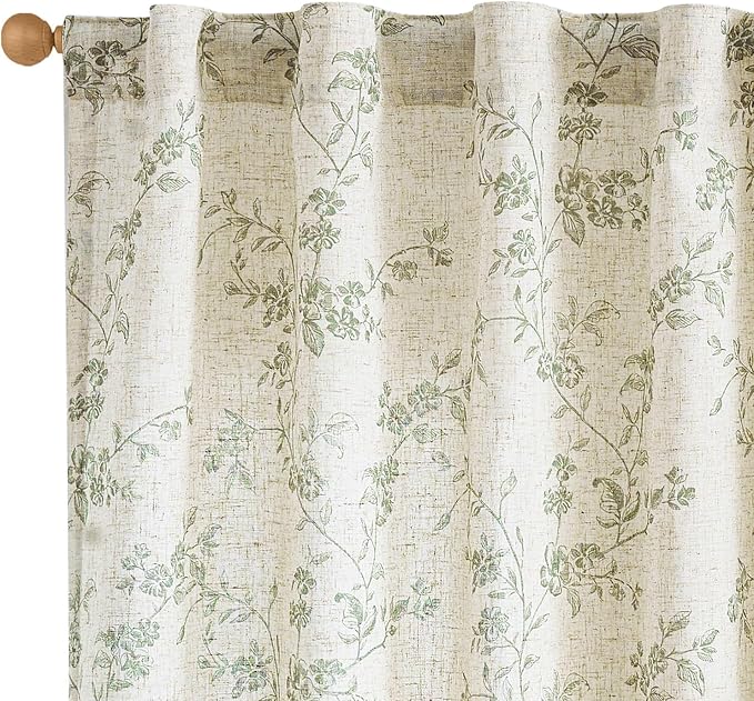 Lazzzy Green Floral Linen Curtains 90 Inch Farmhouse Back Tab Drapes by Lazzzy