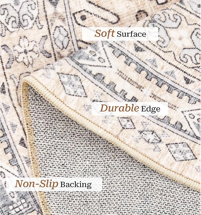 zesthome 9ft Round Rugs for Living Room, Non-Slip Washable Round Area Rugs, Ultra-Thin Large Circle Rugs, Soft Low Pile Rug for Bedroom, Kitchen - Vintage Stain Resistant Round Rug (Beige,9'x9')