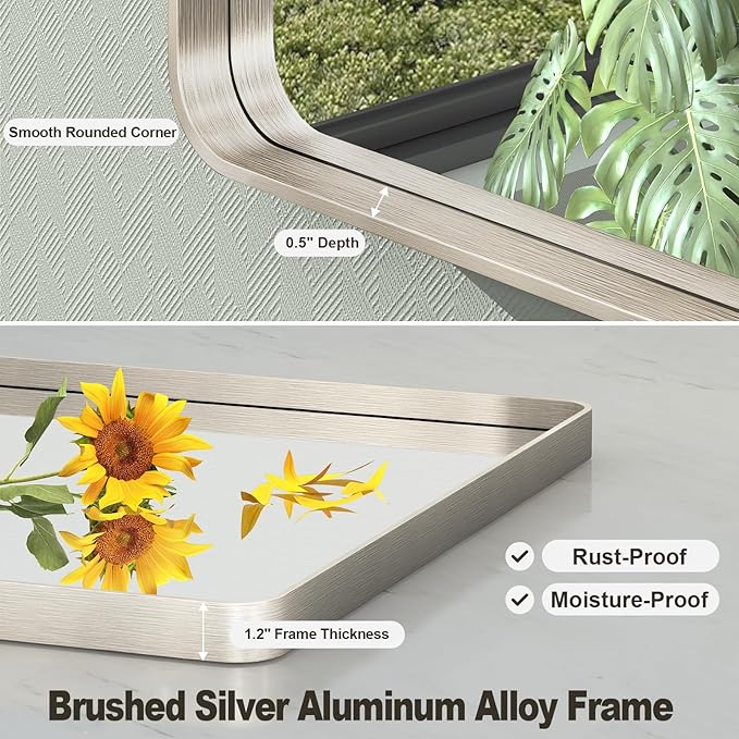 48x30 Inch Brushed Nickel Bathroom Mirror, Large Brushed Silver Metal Framed Wall Mirror, Rounded Corner Rectangle Modern Vanity Mirror, Tempered Glass, Anti-Rust, Shatterproof (Horizontal/Vertical)