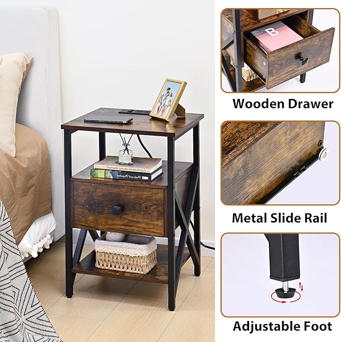 End Table with Charging Station, Charging Side Table Bedside Table with Outlets, Charger Nightstand, End Tables for Living Room, Night Stand with Storage for Bedroom, Brown