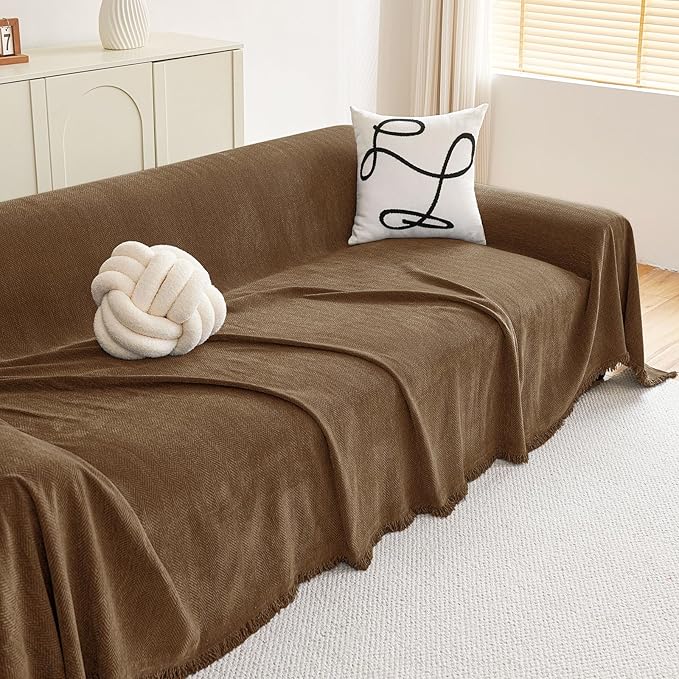 hyha Couch Cover for Dogs, Boho Sofa Covers for 3 Cushion Couch Washable, Chenille Sofa Slipcover for Pets, Soft Loveseat Sectional Couch Throw Blankets with Tassels (Chocolate, 88.5x150 Inch)