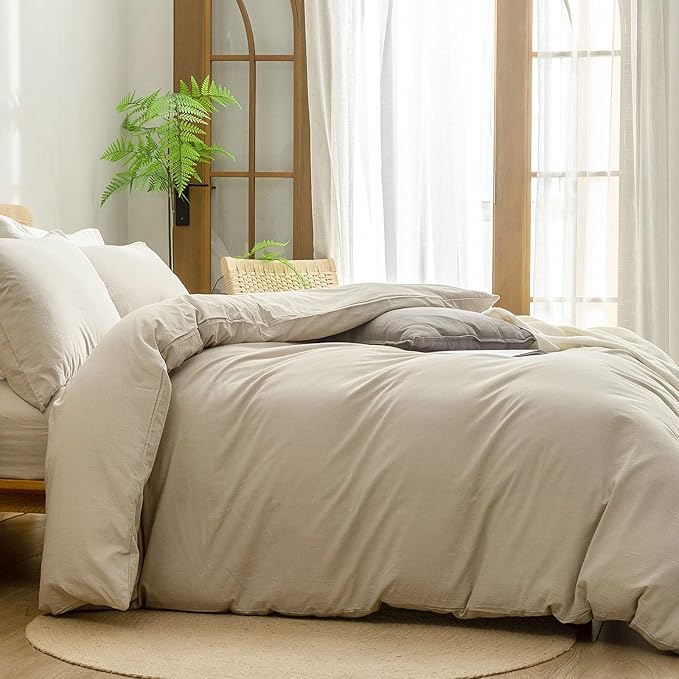 BESTOUCH Duvet Cover Set 100% Washed Cotton Linen Feel Super Soft Comfortable Chic Lightweight 3 PCs Home Bedding Set Solid Almond Milk Grey King