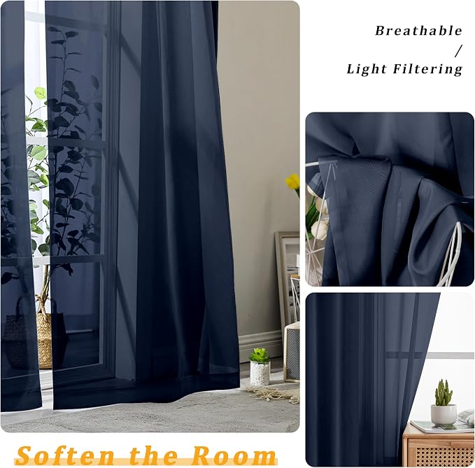 Gwine Navy Blue Sheer Curtains 96 Inches Long 2 Panels, Elegant Window - Image 3