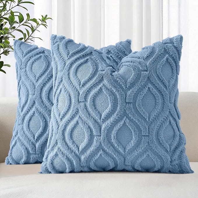 decorUhome Throw Pillow Covers 18x18 Inch Set of 2, Soft Plush Faux Wool Blue by decorUhome