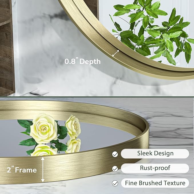 TokeShimi 40 Inch Round Gold Bathroom Mirror for Wall with Non-Rusting Aluminum Alloy Brushed Matte Metal Frame for Modern Minimalist Farmhouse Home Decor