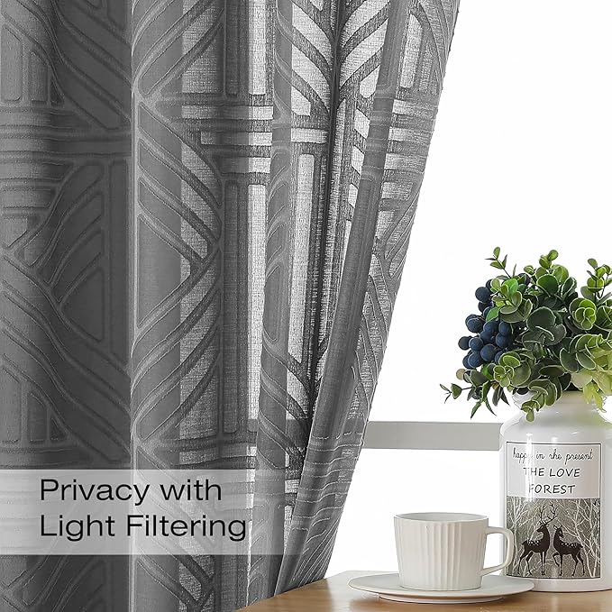 Simplebrand Grey Semi Sheer Curtains 54 Inch Length 2 Panels, Geometric - Image 2